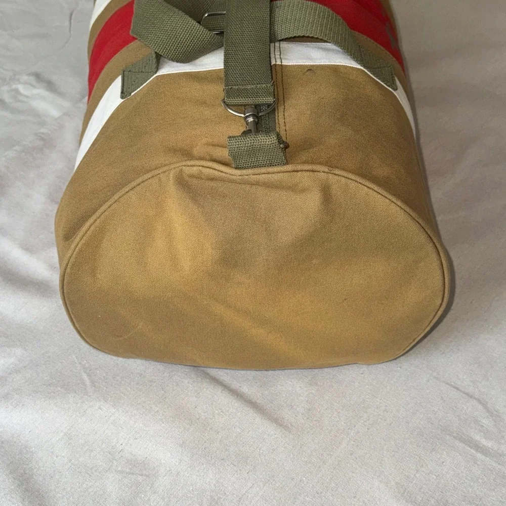 Vintage 2006 Tommy Hilfiger TH85 Canvas Duffel Bag Tan Red White Weekender